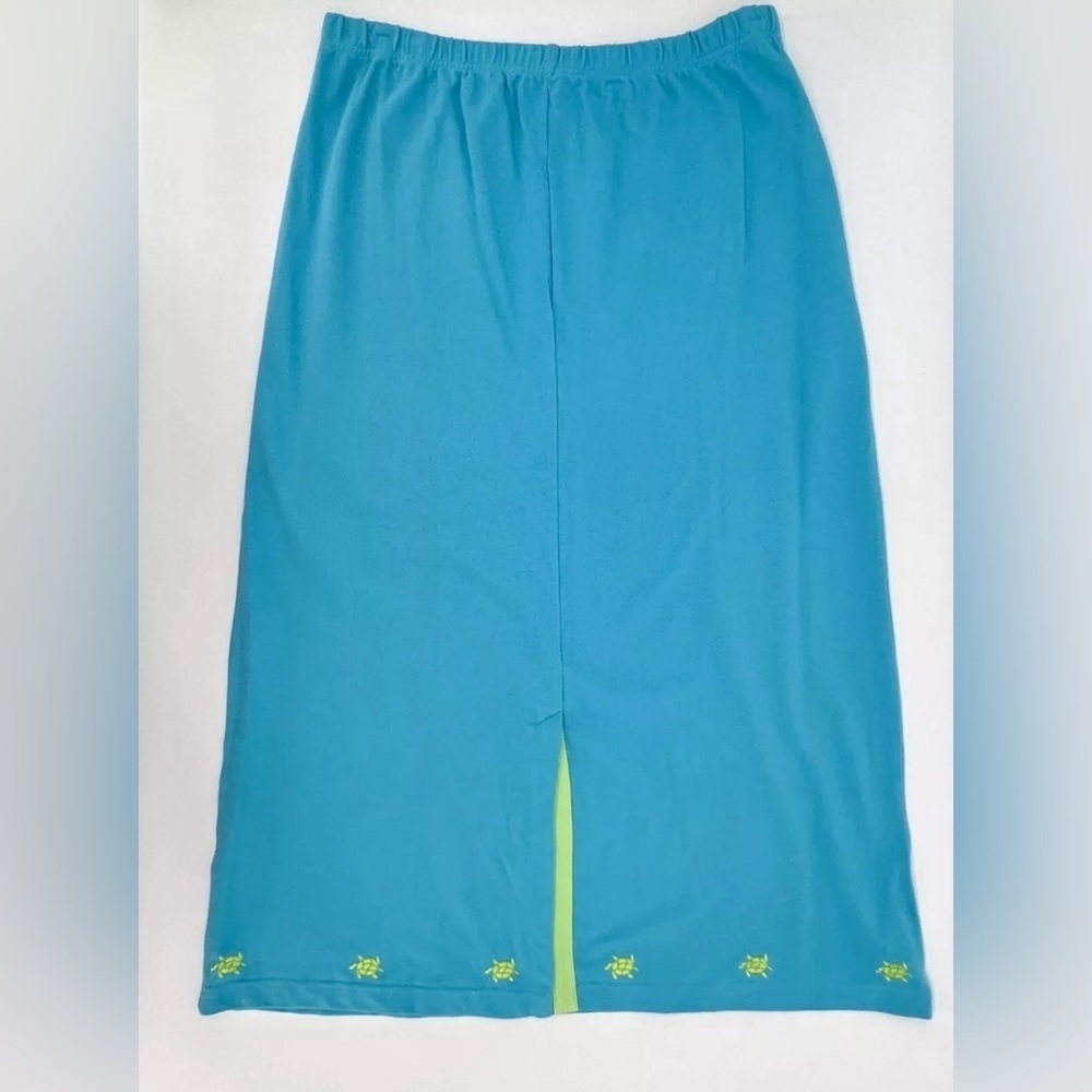 The Quacker Factory Skirt 2X Blue Green Turtle Maxi A-Line Elastic Slit - Picture 2 of 5